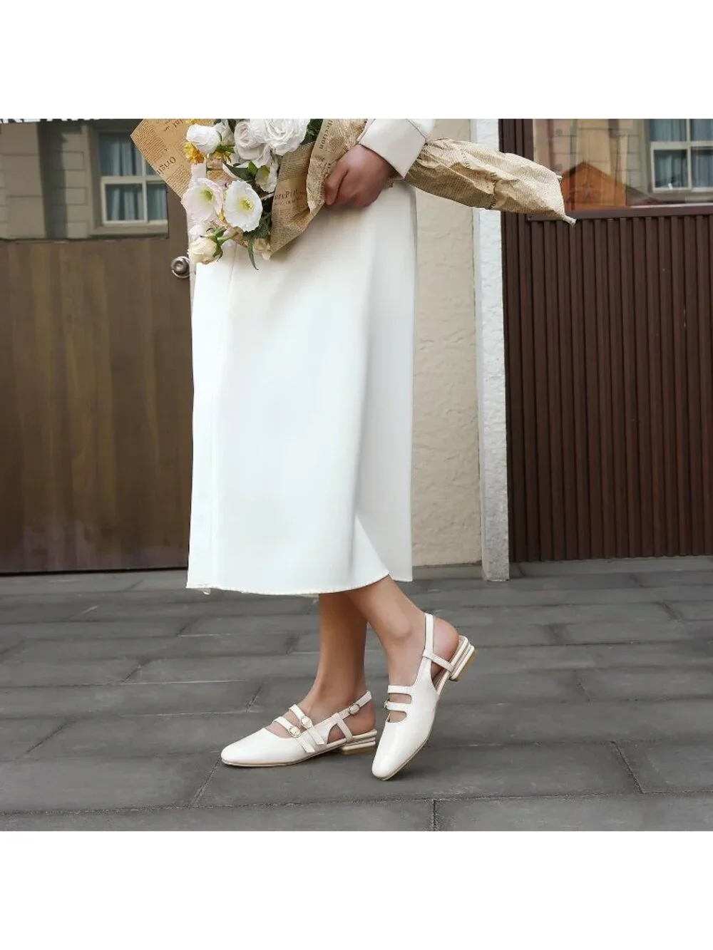 Women's Apricot Faux Leather Closed Square Toe Strap Slingback Low Heels Pumps